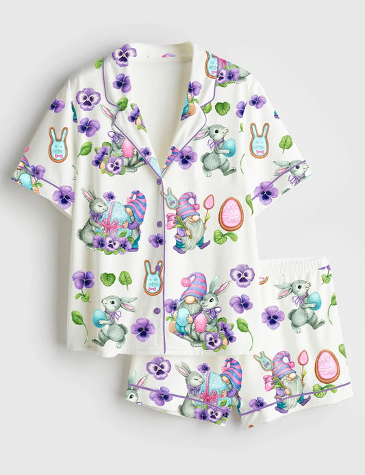 Women’s Watercolor Easter Gnomes Easter Bunny Easter Eggs Short Sleeve Satin Pajama Set