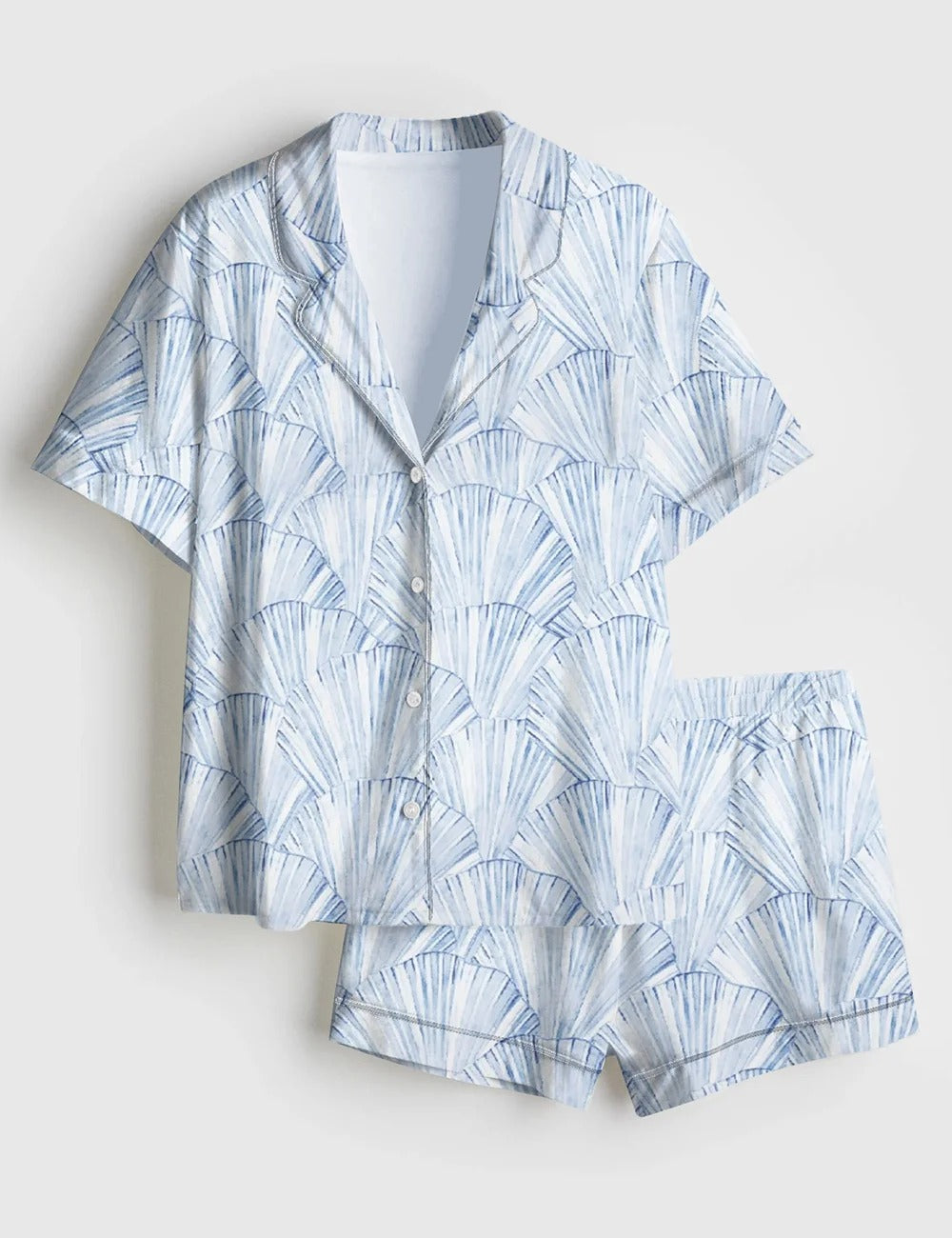 Women’s Seashell Coastal Blue Vintage Coastal Granddaughter Aesthetic Summer Beach Vibes Print Short Sleeve Satin Pajama Set