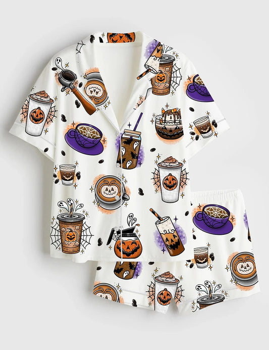 Women’s Halloween Coffee Short Sleeve Satin Pajama Set