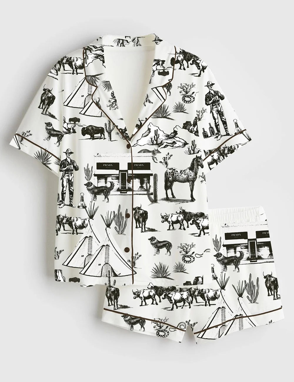 Women’s Wild West Adventure Western Cowgirl Print Short Sleeve Satin Pajama Set