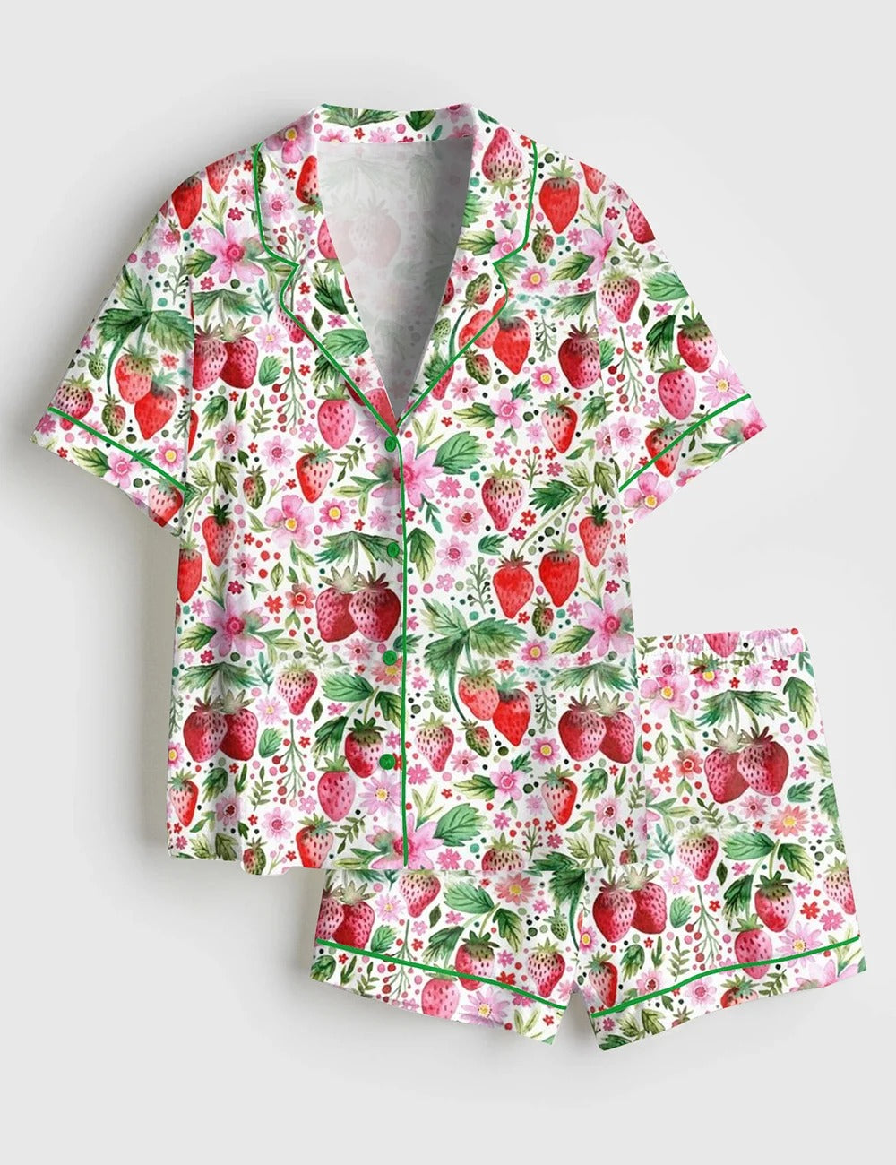 Women’s Strawberries And Flowers Painted in Loose Short Sleeve Satin Pajama Set