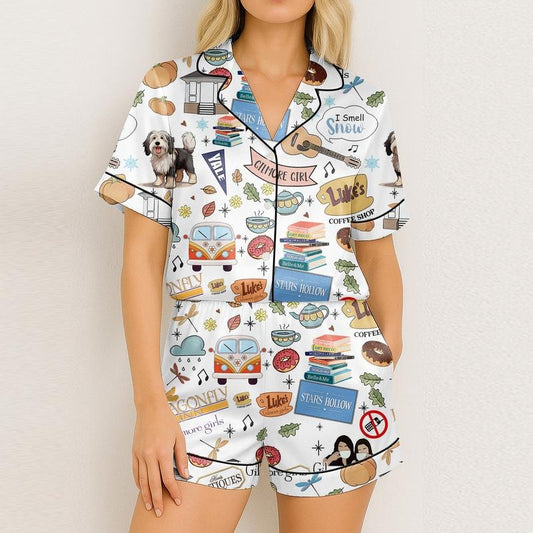 Fall Season Luke Diner's Coffee Short Satin Pajamas, Squad Goals Bride Pajamas, Movie Pajama Set, Gift for Movie Lover Loungewear  Nightwear