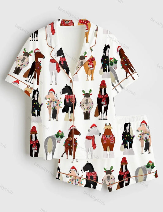 Funny Horse Christmas Short Sleeve Satin Pajama Set
