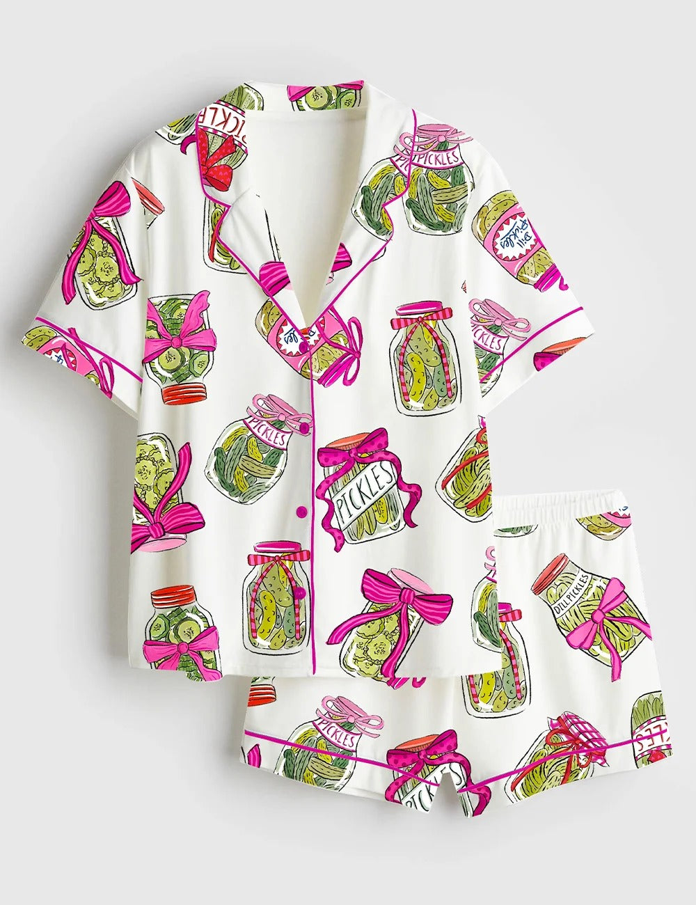 Women’s Pickle Lover Pink Bows Short Sleeve Satin Pajama Set