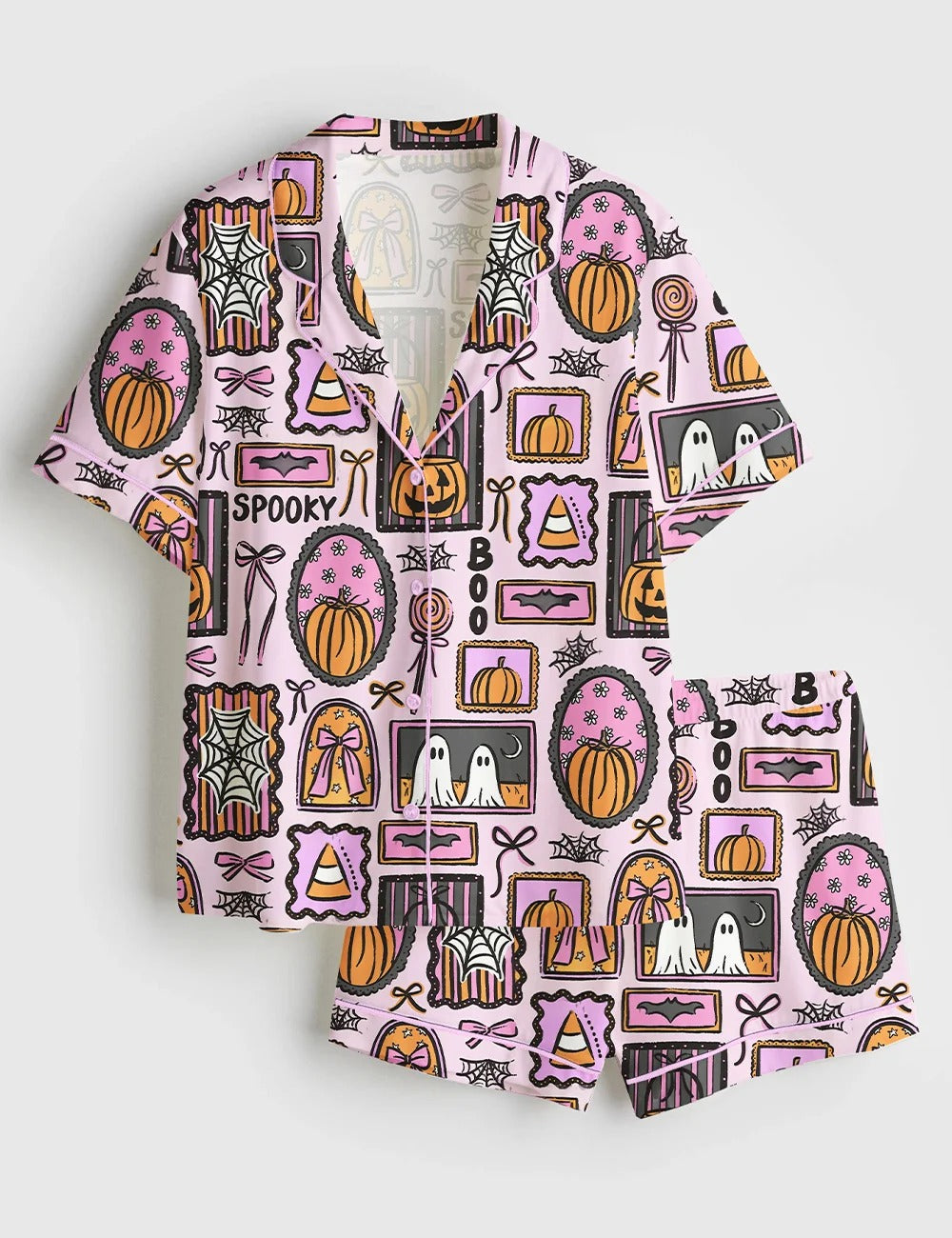 Women’s Trendy Spooky Frames Halloween Pumpkin Ghost Girly Spooky Patchwork Print Short Sleeve Satin Pajama Set