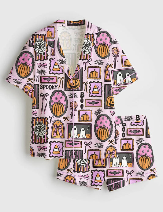 Women’s Trendy Spooky Frames Halloween Pumpkin Ghost Girly Spooky Patchwork Print Short Sleeve Satin Pajama Set