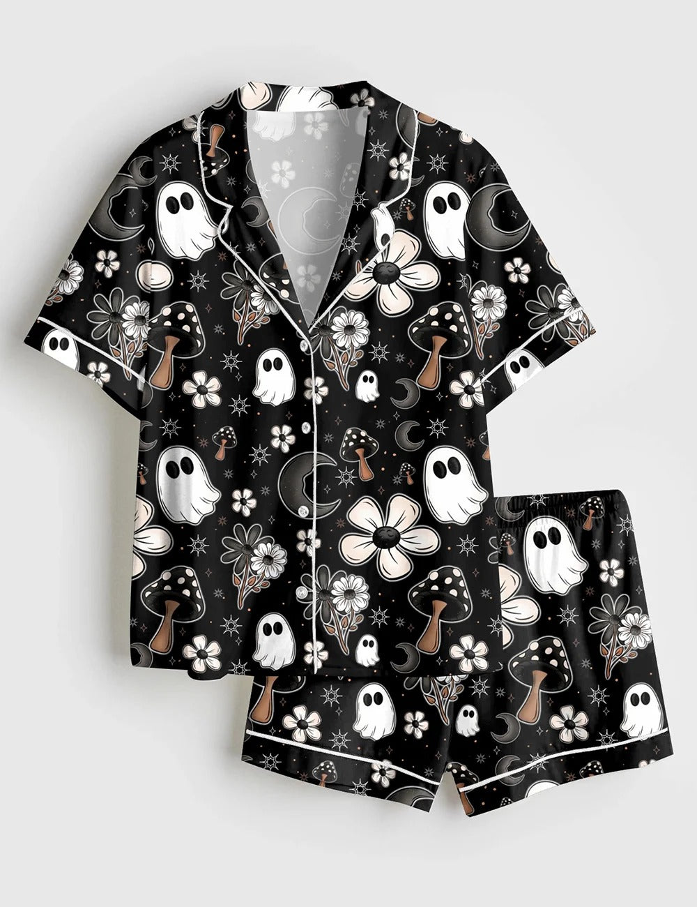 Women’s Halloween Cute Ghost Halloween Mushroom Flowers Print Short Sleeve Satin Pajama Set