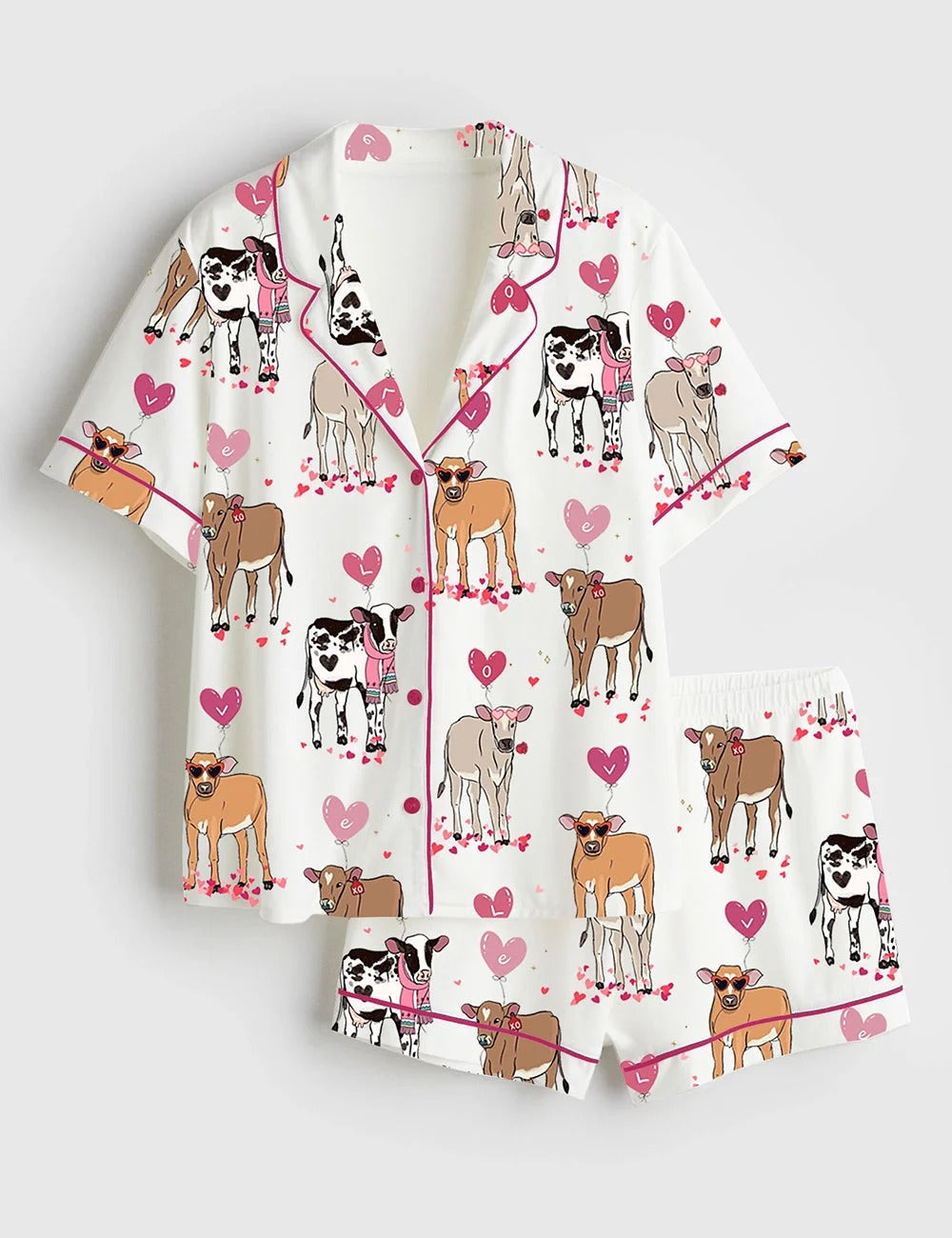 Women's Highland Cow Western Valentines Day Short Sleeve Satin Pajama Set