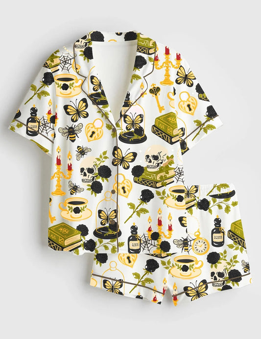 Women’s Dark Academia Halloween Skull Red Rose Gothic Witchy Spooky Cozy Aesthetic Print Short Sleeve Satin Pajama Set