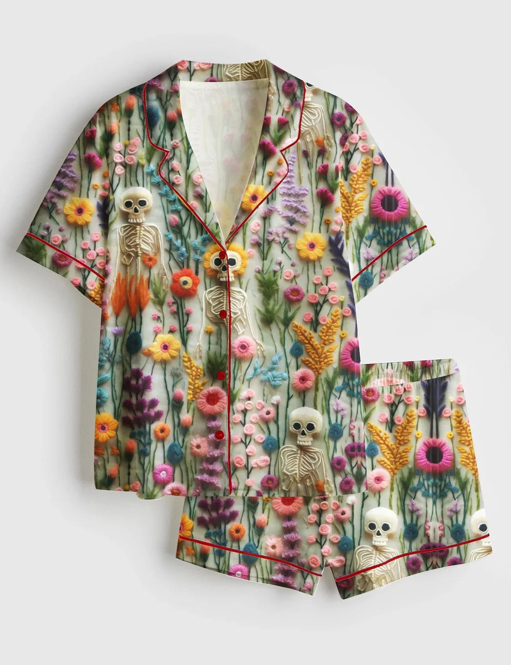 Women's Vintage Skeletons in Bloom Floral Charm Short Sleeve Satin Pajama Set