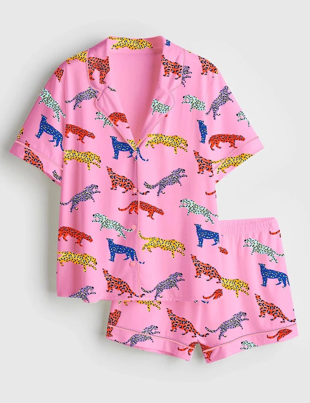 Women's Pink Cheetah Print Short Sleeve Satin Pajama Set