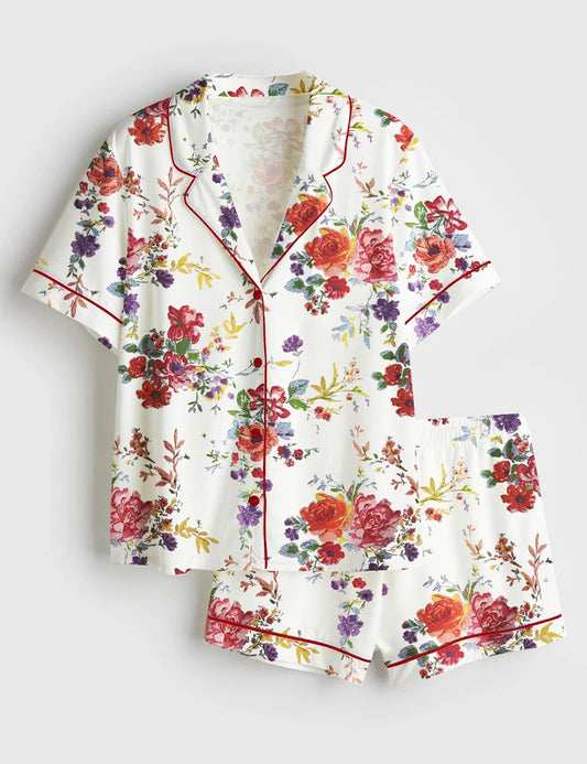 Women’s Beautiful Floral Bouquet Short Sleeve Satin Pajama Set
