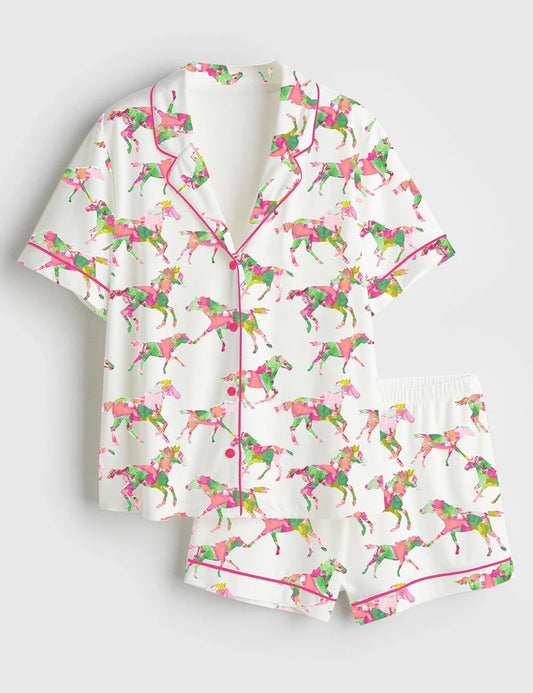 Women’s Watercolor Rose Derby Day Western Short Sleeve Satin Pajama Set