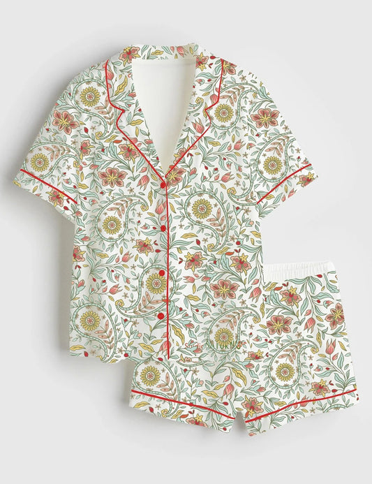 Women’s Summer Floral Paisley Design Short Sleeve Satin Pajama Set