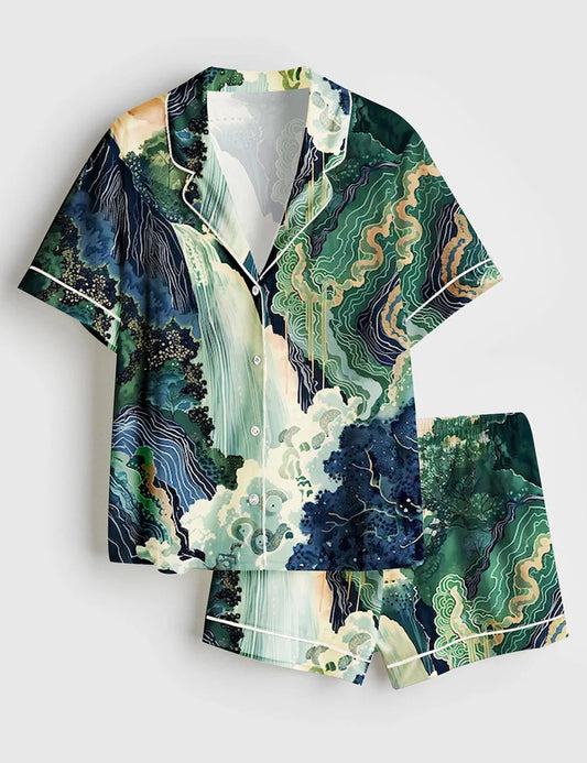 Women's Hokusai Ukiyo-e Japanese Waterfall Short Sleeve Satin Pajama Set