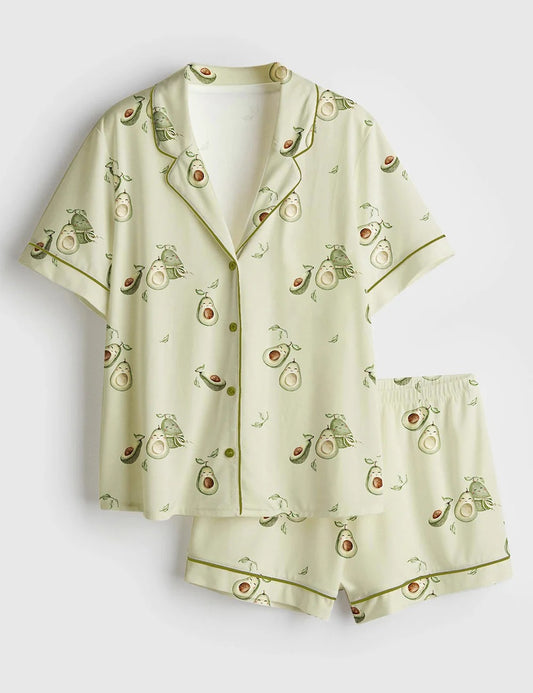 Women’s Cute Avocado Fruit Short Sleeve Satin Pajama Set
