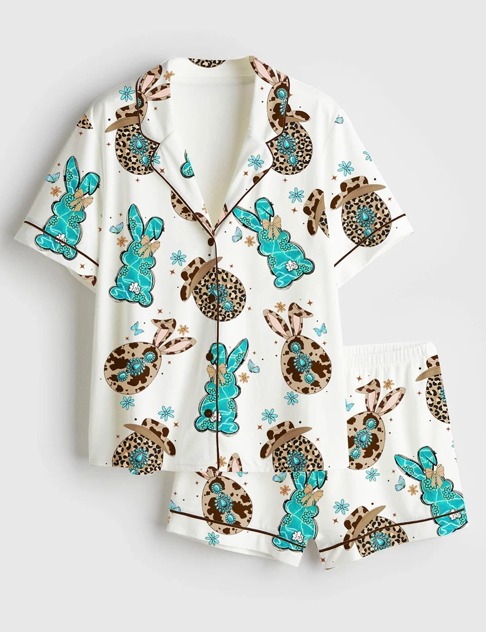 Women's Western Cowgirl Easter Bunny Short Sleeve Satin Pajama Set