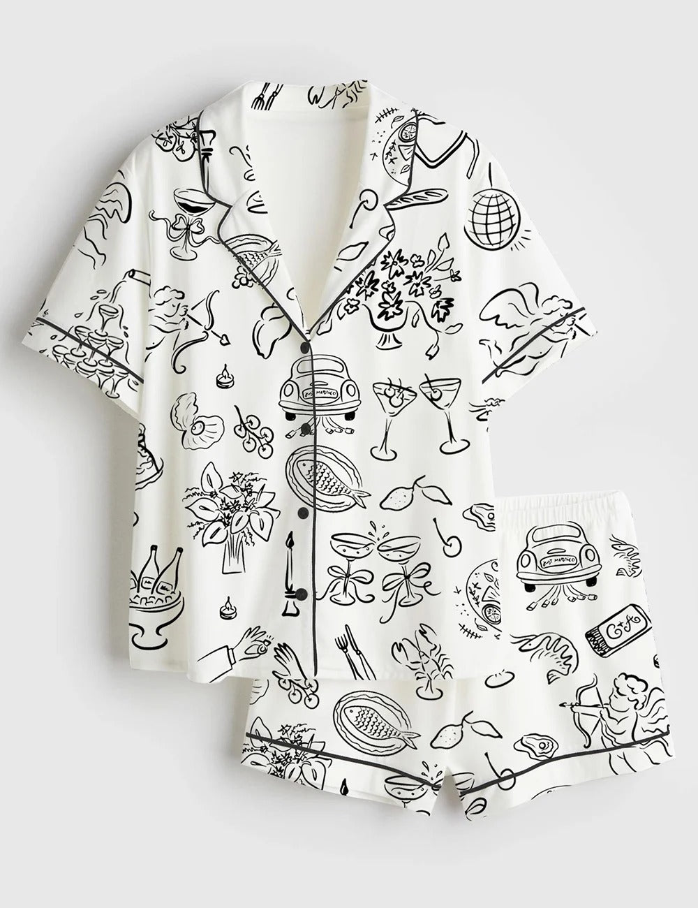 Women’s Whimsical Wedding Doodles For Wedding Print Short Sleeve Satin Pajama Set