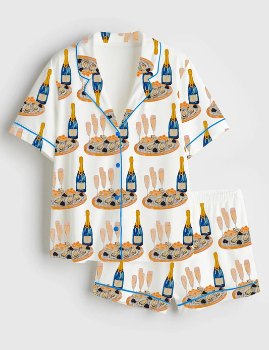 Women's Champagne Glasses Caviar Short Sleeve Satin Pajama Set