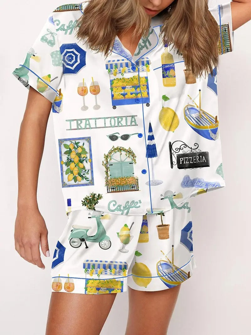 Italy Roma Travel Destination Satin Pajama Set for Women - Christmas Bright Patterns Printing, Autumn Soft And Smooth Short Sleeve Lapel Collar Top with Matching Shorts, Ideal for