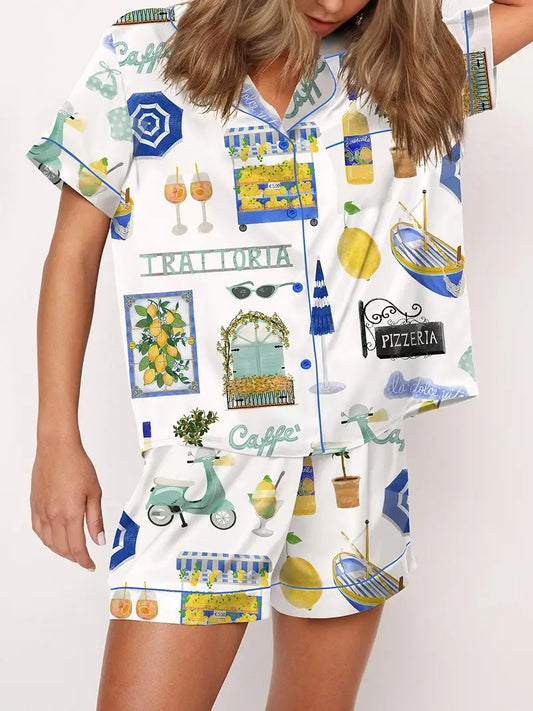 Italy Roma Travel Destination Satin Pajama Set for Women - Christmas Bright Patterns Printing, Autumn Soft And Smooth Short Sleeve Lapel Collar Top with Matching Shorts, Ideal for