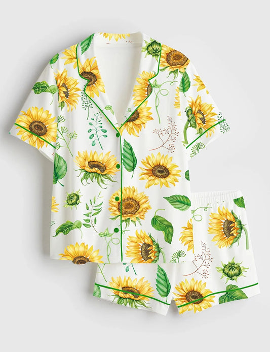 Women’s Sunflower Bouquets Short Sleeve Satin Pajama Set