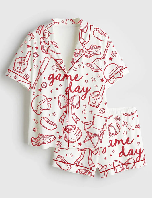Women’s Baseball Game Day Coquette Hand Drawn Doodle Print Short Sleeve Satin Pajama Set