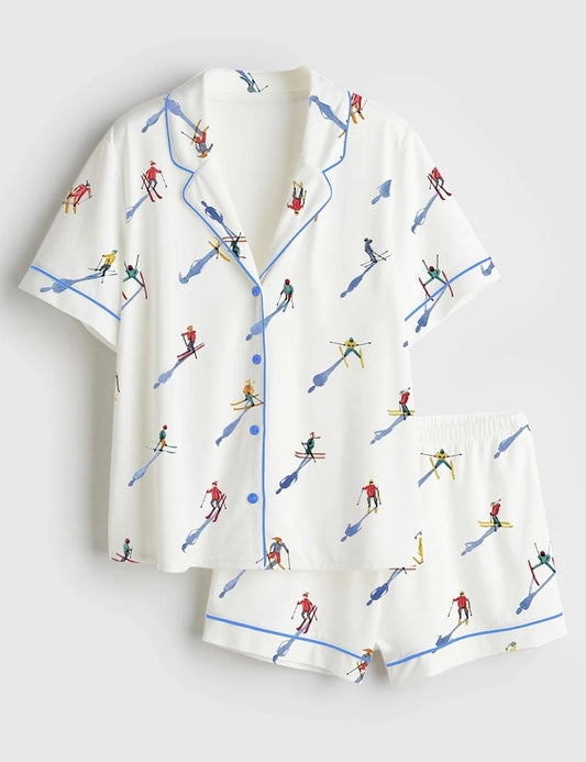 Women’s Apres Ski Mini Skier Minimalist Watercolor Ski Print Short Sleeve Satin Pajama Set