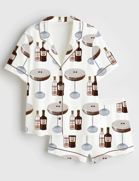 Women's Espresso Martini Cocktail Bar Short Sleeve Satin Pajama Set