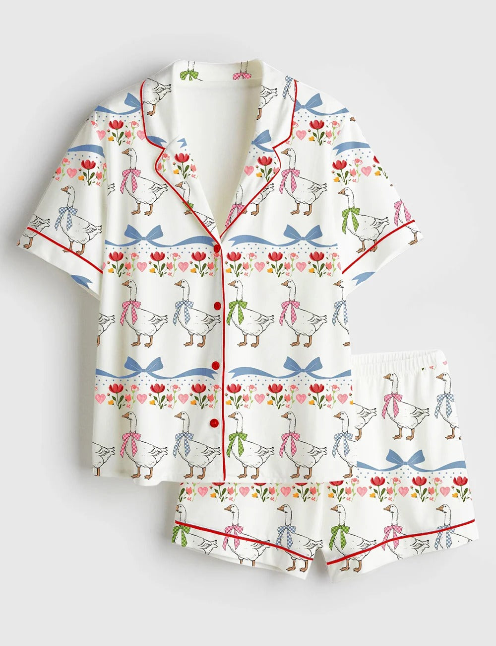 Women’s Vintage Goose Blue Ribon Trendy Cute Goose Print Short Sleeve Satin Pajama Set
