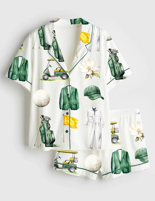 Women’s Watercolor Golf Tournament Golfing Master Golf Cart Green Jacket Club Short Sleeve Satin Pajama Set