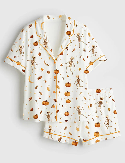 Women’s Dancing Skeleton Halloween Autumn Fall Leaves Pumpkin Boho Halloween Short Sleeve Satin Pajama Set
