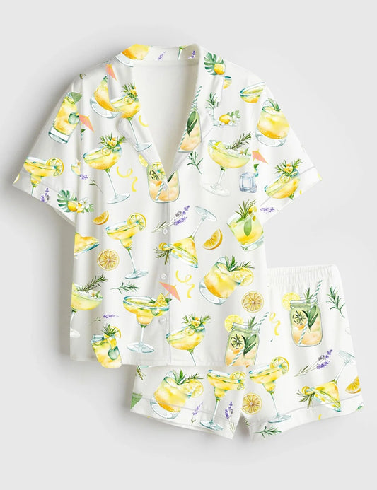 Women’s Lemon Drop Martini Limoncello Cocktail Mocktail Alcohol Wedding Clipart Margarita Bar Short Sleeve Satin Pajama Set