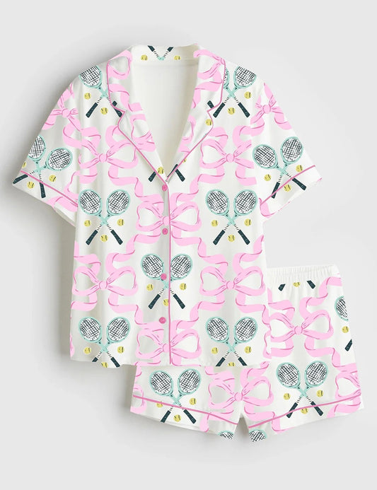 Women’s Coquette Bow Tennis Love Short Sleeve Satin Pajama Set