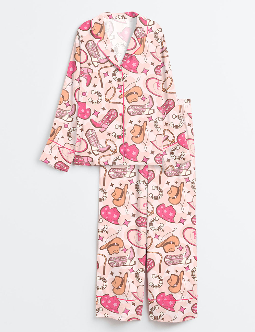 Women's Western Cowboys Pink Long Sleeve Satin Pajama Set