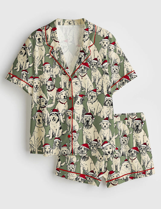 Women’s Christmas Festive Santa Dogs Short Sleeve Satin Pajama Set