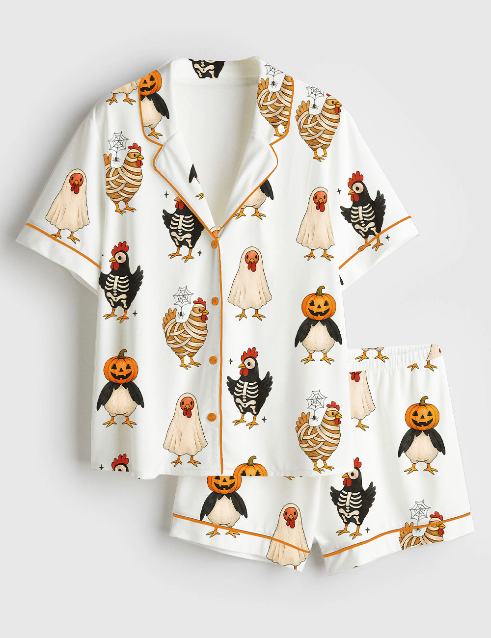 Women’s Chick Or Treat Spooky Chicken Halloween Short Sleeve Satin Pajama Set