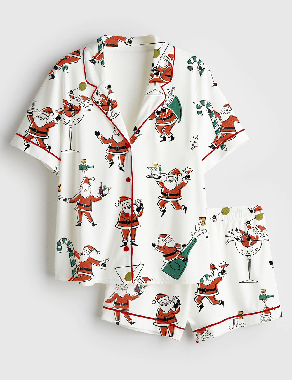 Women’s Christmas Santa Martini Cocktail Mid Century Modern Cocktail Short Sleeve Satin Pajama Set