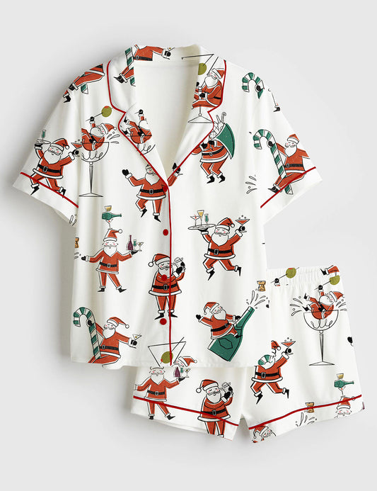 Women’s Christmas Santa Martini Cocktail Mid Century Modern Cocktail Short Sleeve Satin Pajama Set