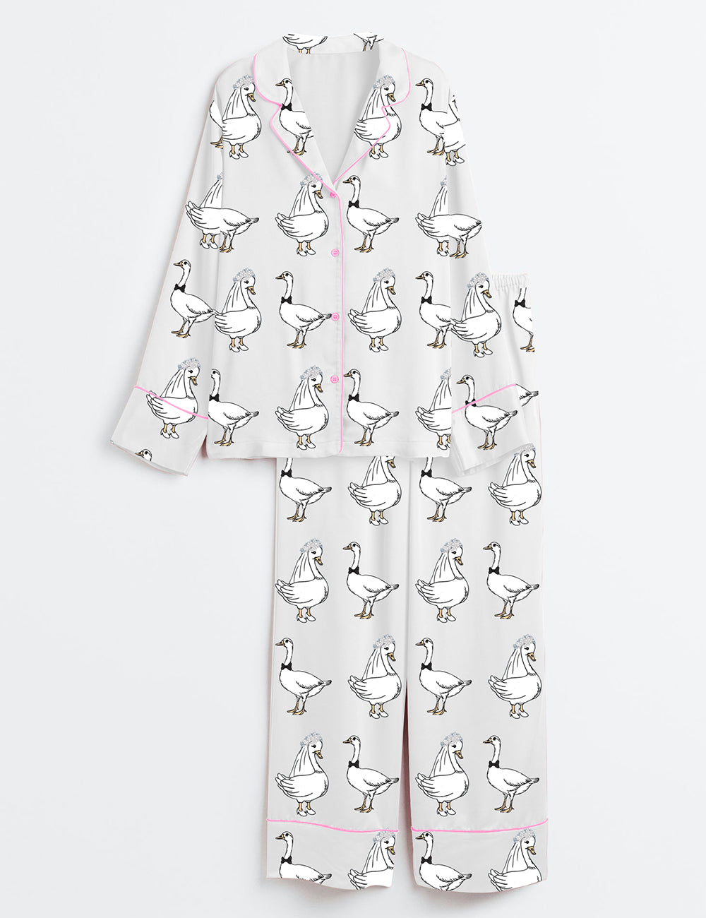 Women’s Silly Goose Newlyweds Honeymooning Married Couple Anniversary Wedding Party Long Sleeve Satin Pajama Set