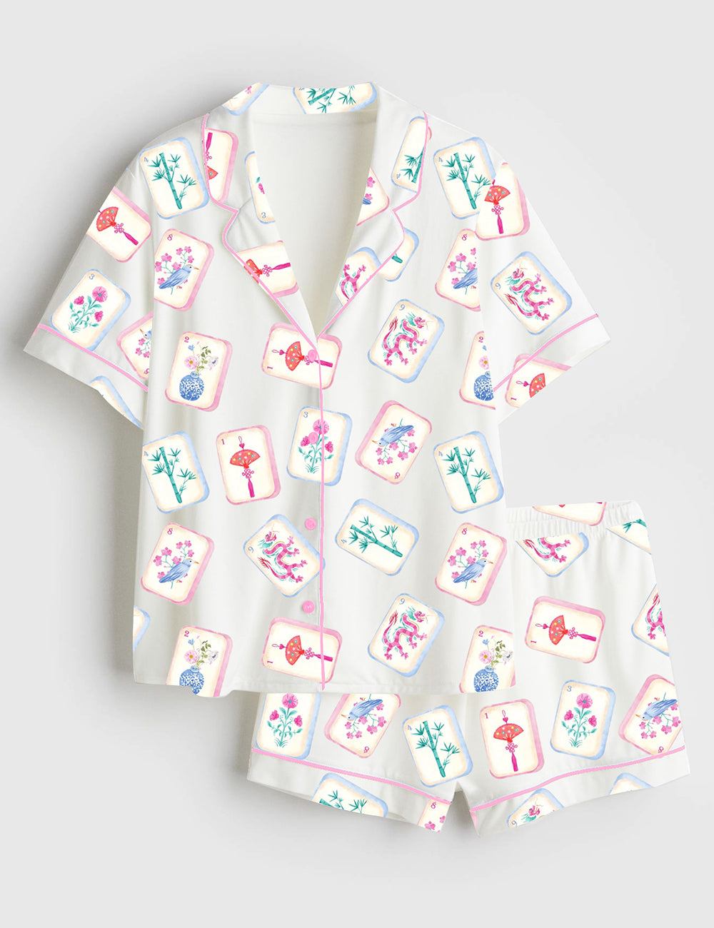 Women’s Watercolor Mahjong Party Short Sleeve Satin Pajama Set