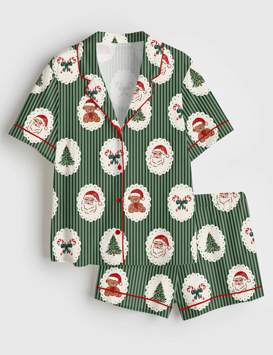 Women’s Red And Green Cameo Christmas Reindeer Gingerbread Bows Candy Cane Teddy Bears Short Sleeve Satin Pajama Set