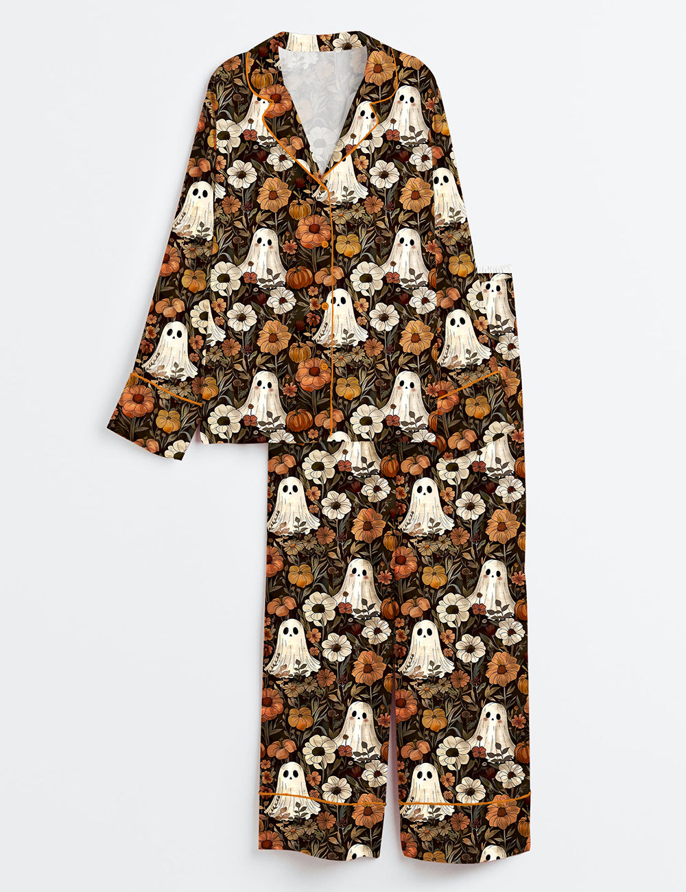 Women’s Cute Ghosts And Pumpkins Halloween Long Sleeve Satin Pajama Set