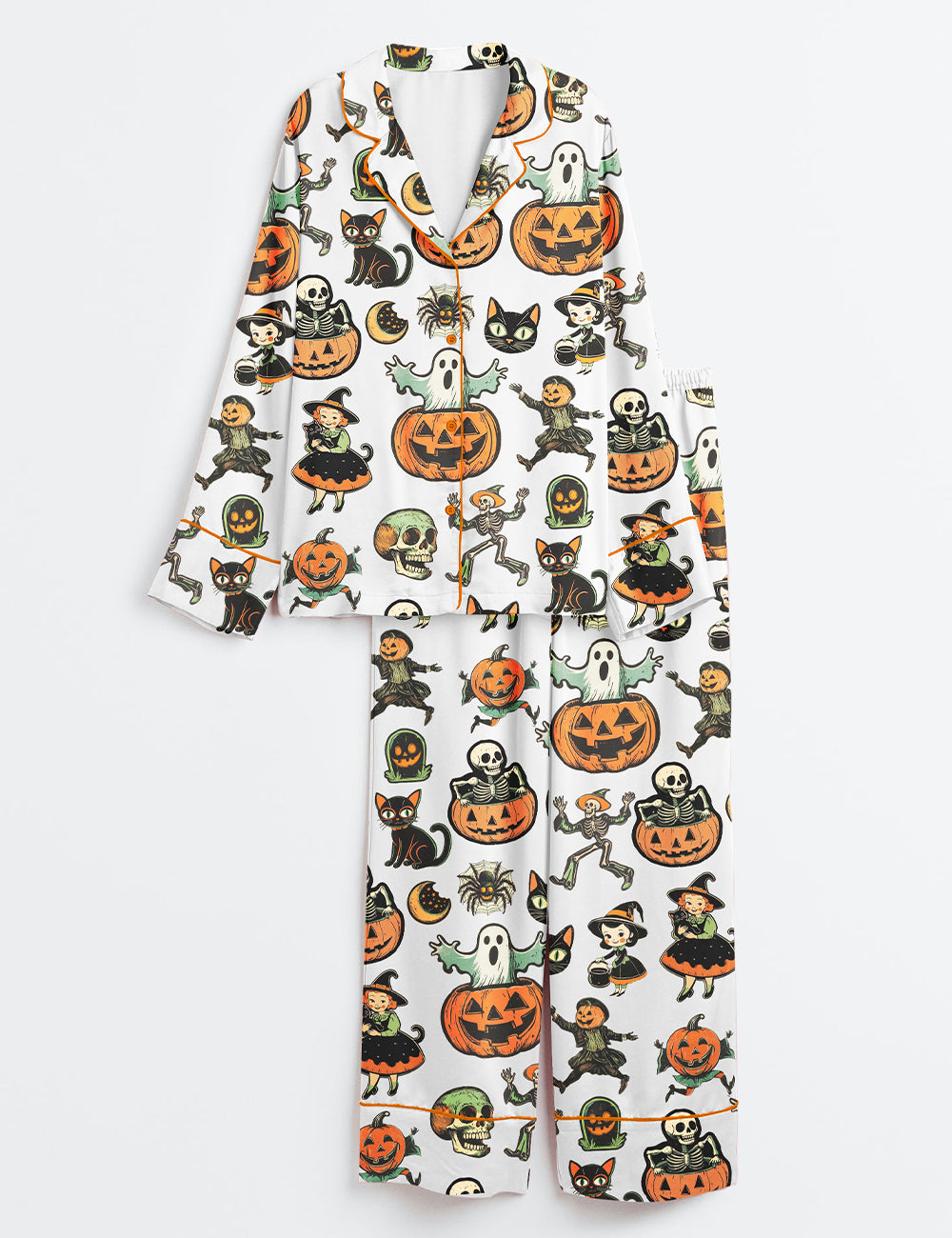 Women’s Vintage Halloween Pumpkins Witches Long Sleeve Satin Pajama Set