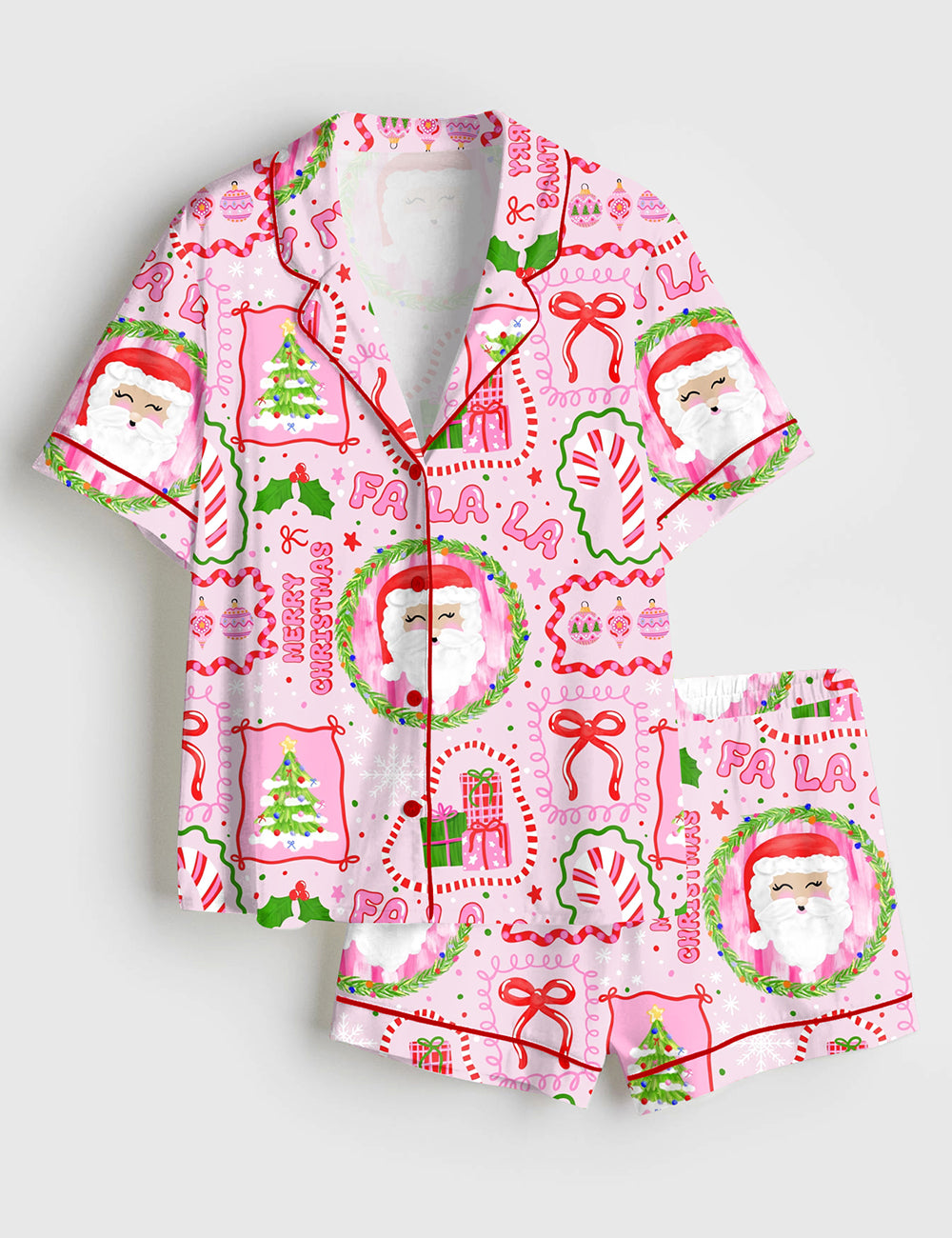 Women’s Pink Christmas Trendy Christmas Tree Merry Christmas Fa La La Christmas Snow Print Short Sleeve Satin Pajama Set