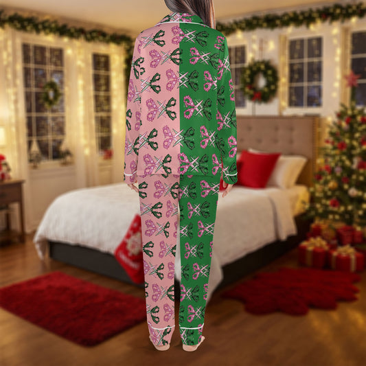 Green and Pink Christmas Pajama Set – Cute Bow Pattern Pajamas | Cozy Pajama Gift Set, Girl Pajamas, Holiday Sleepwear, Cute Pajamas for My Love, Christmas Pajamas for Women HPRPJMADL-11