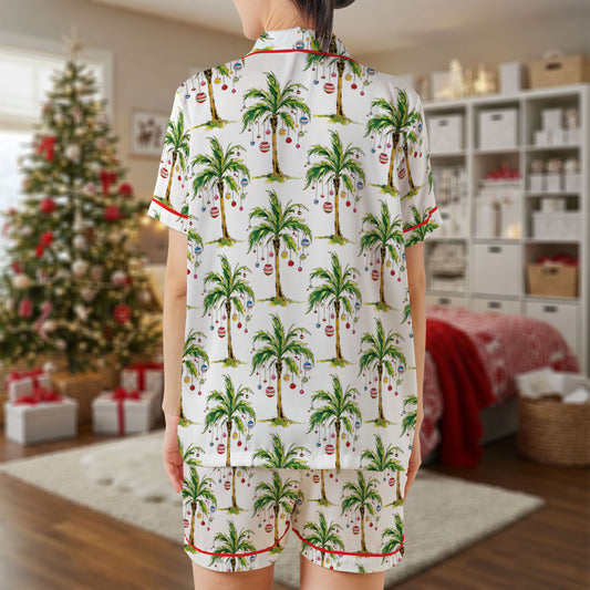 Tropical Christmas Palm Tree Short Pajama Set – Festive Beach Holiday Sleepwear | White & Green Xmas PJs for Women, Men, Kids & Family Matching Gift Set HPRPJMADS-13