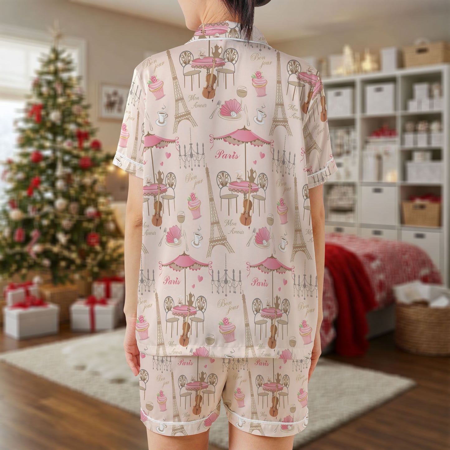 Paris Café Short Pajama Set – French Bakery & Eiffel Tower Print Sleepwear | Pink Cream Aesthetic PJs for Women, Men, Kids & Youth, Matching Family Loungewear Gift HPRPJMADS-16