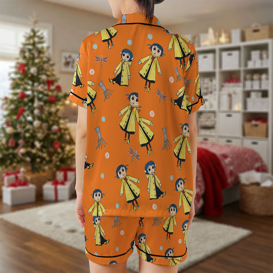Coraline Inspired Short Pajama Set – Orange & Yellow Button-Eye Character Print Sleepwear | Cute Animated Movie PJs for Women, Men, Kids & Youth, Matching Family Loungewear Gift HPRPJMADS-18