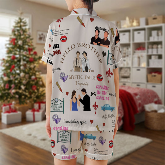 Mystic Falls Short Pajama Set – Vampire Diaries Inspired Sleepwear | “Hello Brother” Salvatore Design Satin PJs, White Lounge Set for Women, Men, Kids & Youth Fans HPRPJMADS-22